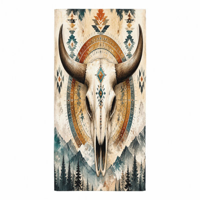 1Pcs Boho Bull Skull Tapestry, featuring a tribal pattern mandala with design and mountain landscape, suitable for wall hanging, living room, bedroom, home decor, artistic, bohemian style.