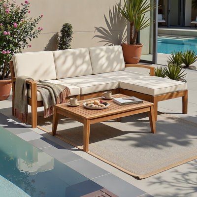 L-Shaped 3-Piece Acacia Wood Patio Sofa Set with Ottoman & Coffee Table, Outdoor Sectional Conversation Set with Slat Design & Water-Resistant Cushions for Garden, Backyard, Patio