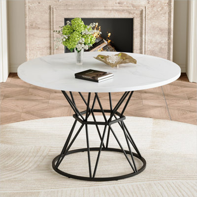 Table de salle à manger ronde pour 4 à 6 personnes avec plateau en marbre blanc et base en métal noir classique, 47,3 pouces, style industriel pour la cuisine ou la salle à manger