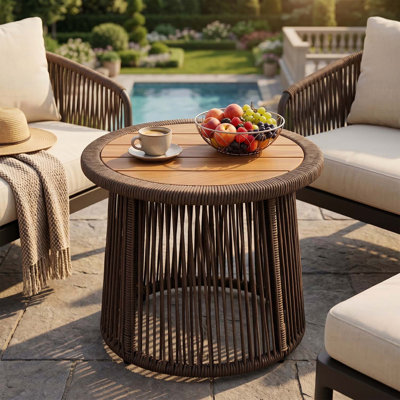 Table d'appoint conique en corde beige foncé, plateau en bois d'acacia au fini teck, capacité de 150 lb, aucun assemblage requis, table d'appoint ronde à tissage ouvert moderne pour le patio et le salon