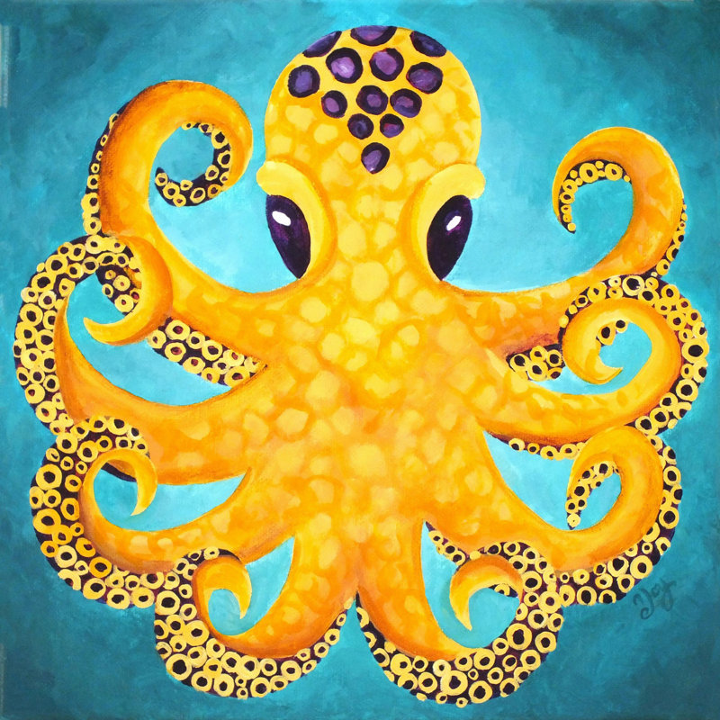 Pieuvre jaune, reproduction sur toile tendue, H 32 po x l 32 po