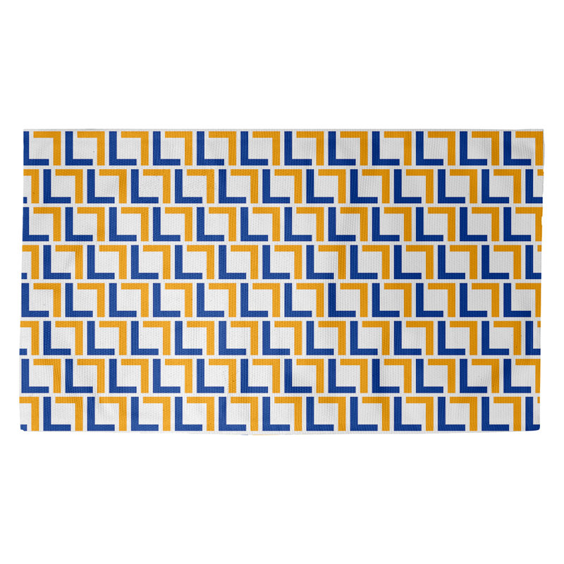 Tapis géométrique bleu / jaune / blanc, Rectangle 3 pi x 5 pi