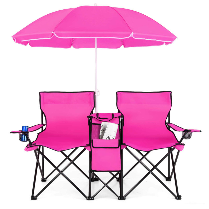 Portable Folding Picnic Double Chair With Umbrella Table Cooler Beach Camping Chair Pink