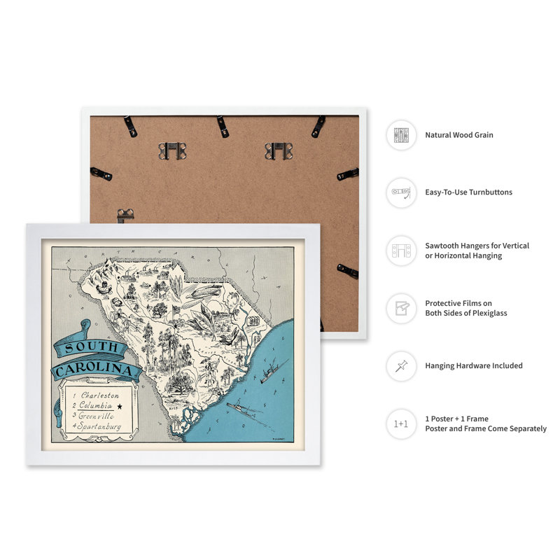 Carte illustrée de South Carolina, Affiche, 18"H x 24"W, Encadrement blanc