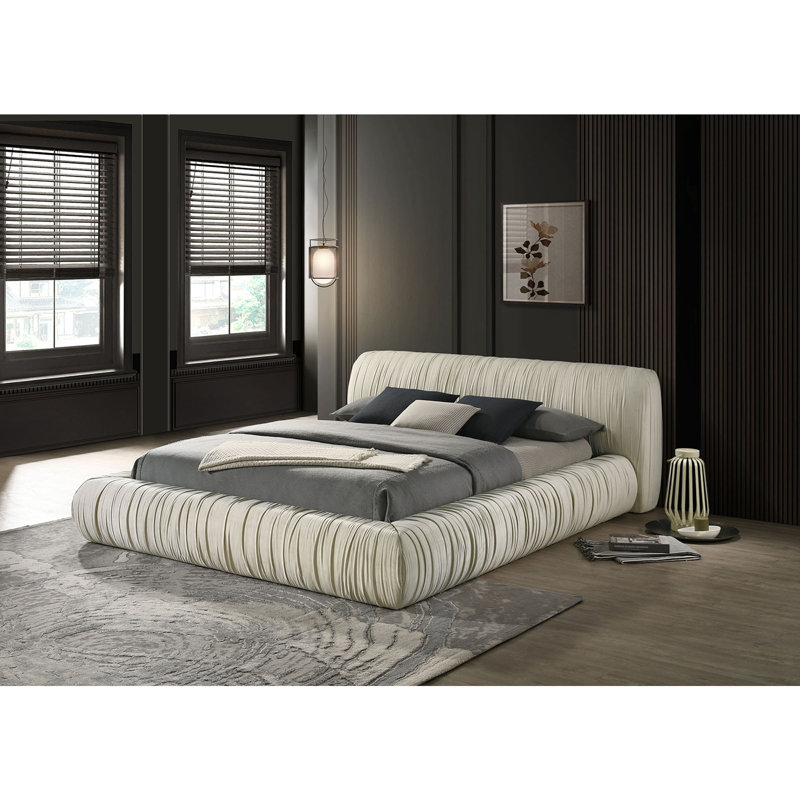 Lit plateforme tapissier contemporain de style plateforme en tissu de couleur ivoire 1pc, Ivoire ivoire, Très grand lit