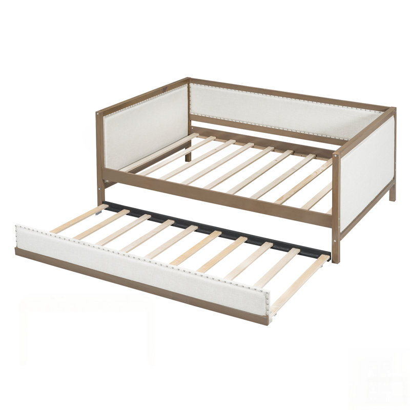Upholstered Daybed With Trundle And Nailhead Trim, Wood Color, Perfect For Guest Rooms And Small Spaces