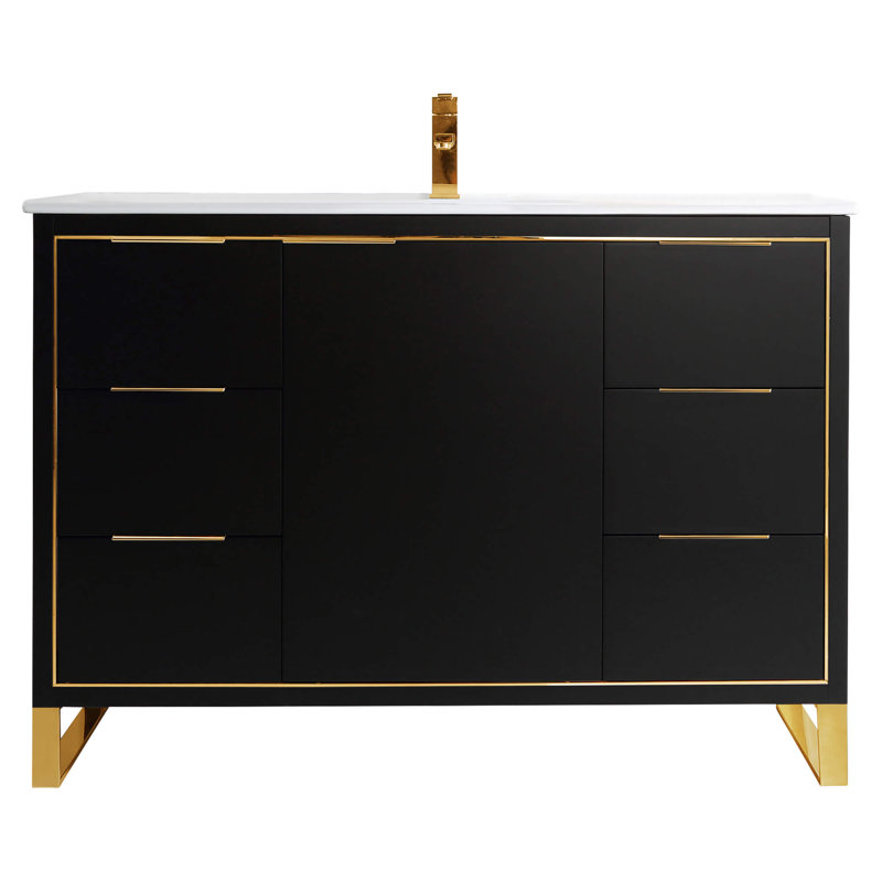48" Single Bathroom Vanity Set, Matte Black, Satin Brass