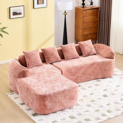 Comfortable Pink Chenille Sofas, Foam & Spring L-shaped Couch For Modern Living Room
