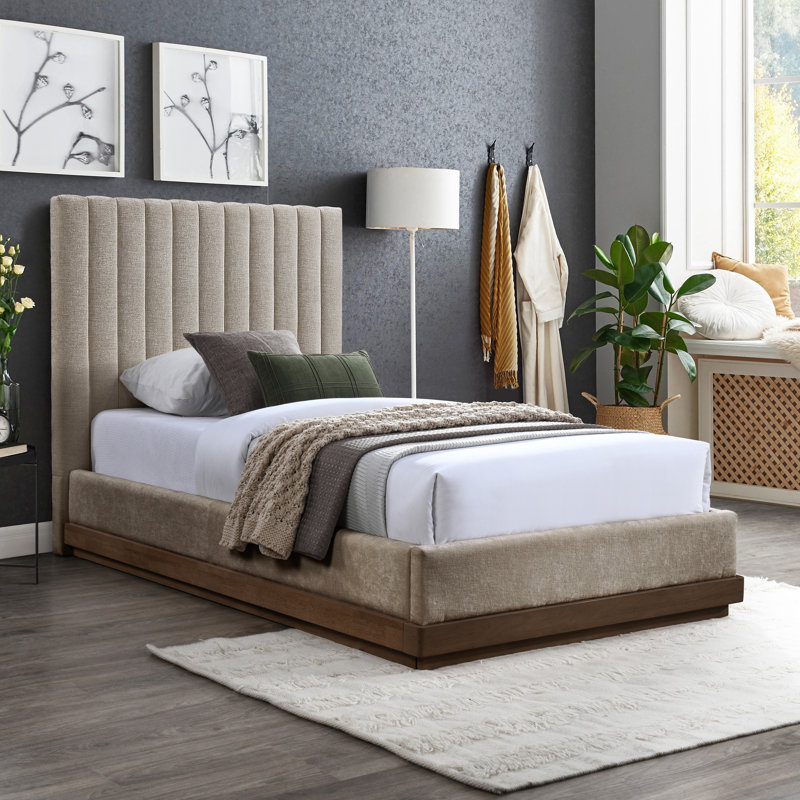 Lit en tissu de chenille Emmet, Simple, Tissu chenille beige / Noyer brun