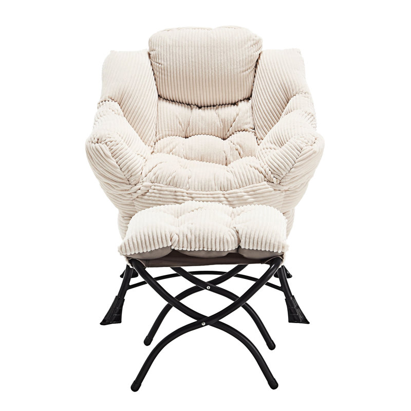 Modern Soft And Comfortable Accent Chair With Ottoman, Armrests And Side Pocket For Small Spaces, White Corduroy Duplicate