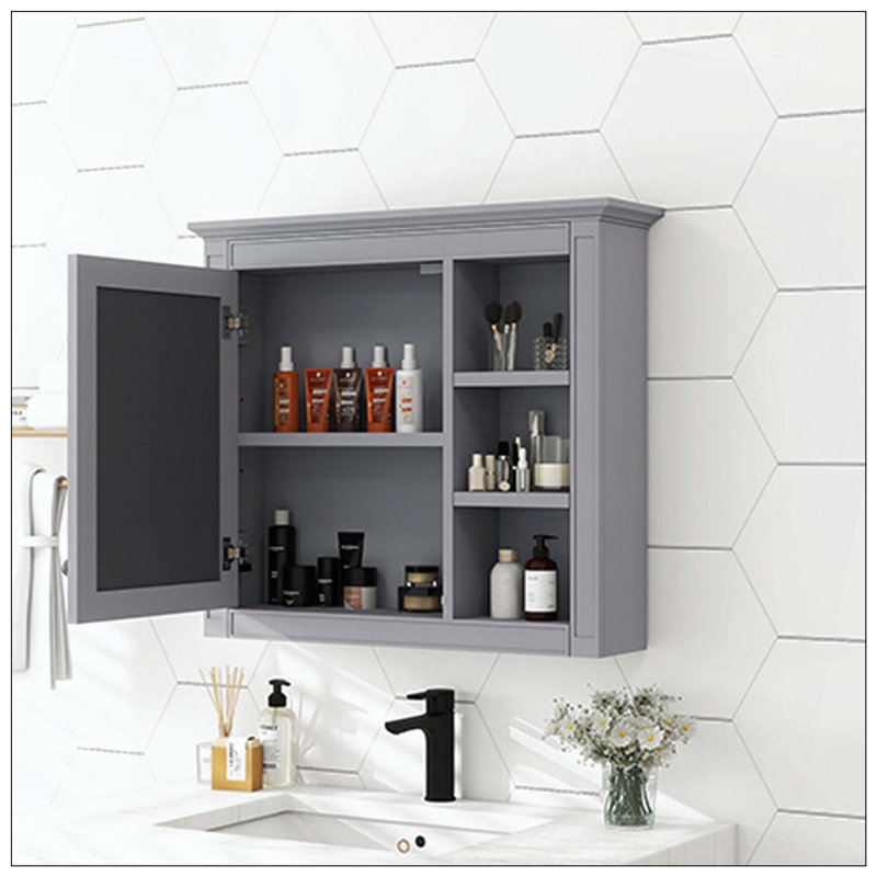 Armoire à pharmacie murale à miroir 3 tablettes ouvertes, Gris