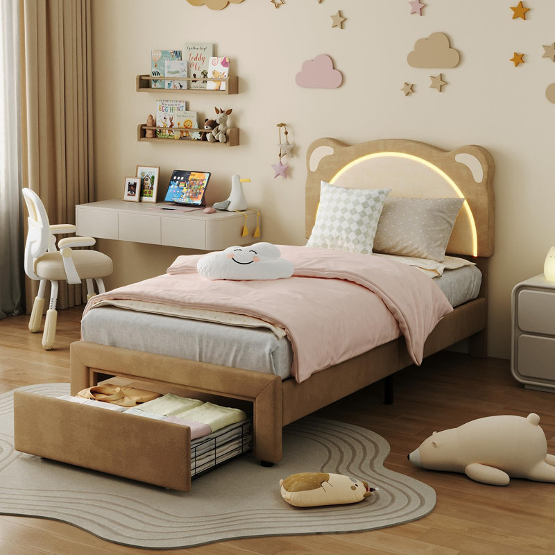 Cadre de lit simple pour enfant avec tête de lit réglable, tiroir et lumières DEL, support de lattes en bois, aucun sommier nécessaire