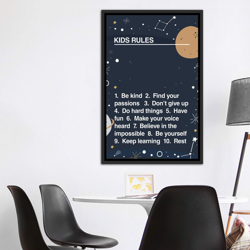 Kids Rules - impression d'art textuel, H 60 po x l 40po x P 1,5 po, Toile avec cadre noir, Pas de tapis