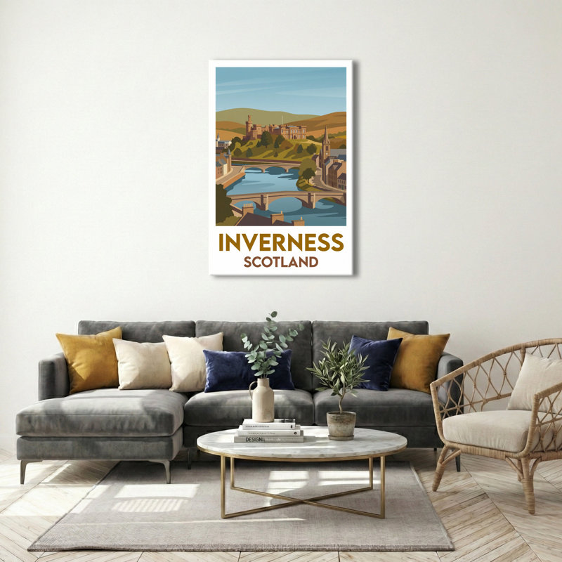 Inverness, Scotland - Romantic Highlands Travel Poster With Castle, River Ness And Bridges. Giclee Print On Wrapped Canvas. Wall Art, Home Decor - Cities & Towns, Scotland - Wrapped Canvas Print