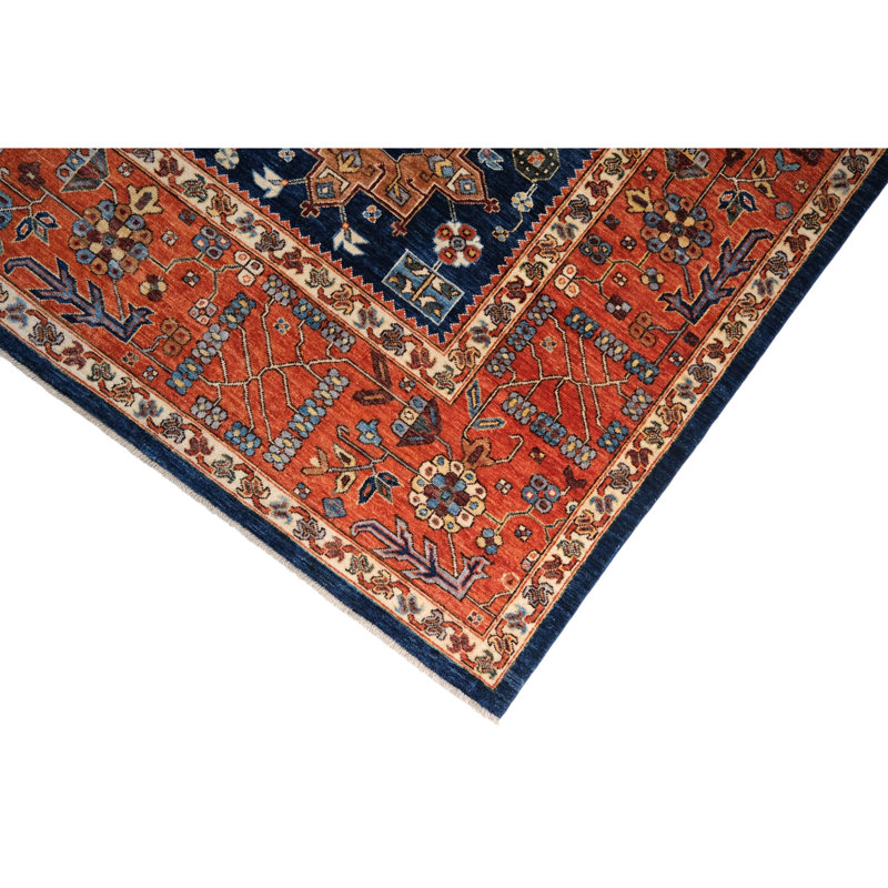 Hand Knotted Wool Area Rug in Navy And Rust