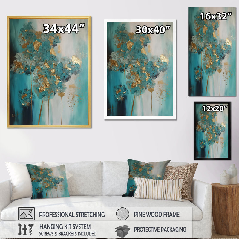 Hortensia fleur floraison rétro or bleu sarcelle - art mural hortensia, H 44 po x l 34 po x P 1,5 po, Cadre doré simple