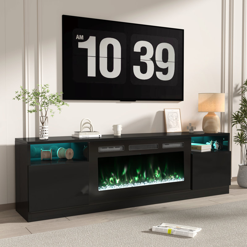 70'' TV Stand For TV Up To 80" With Electric Fireplace Included, Black, Black