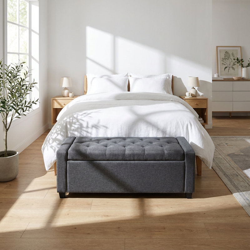 Banc de rangement avec repose-pieds de 48 pouces avec accoudoirs pour la chambre à coucher et le salon, finition en tissu gris