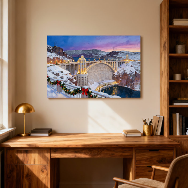Pont de barrage enneigé de Noël, décorations de lumières de Noël, paysage d'hiver, H 12 po x l 18 po