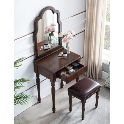 American Style Dressing Table With Makeup Mirror Solid Wood Vanity Desk For Household Use