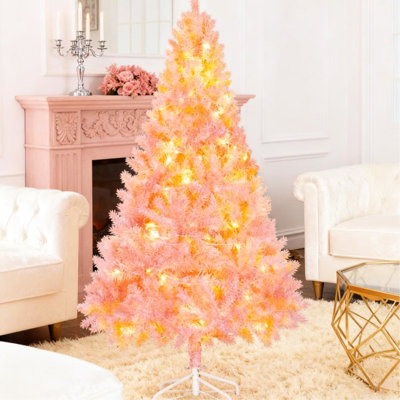 Arbre de Noël artificiel rose de 6 pieds de hauteur avec 250 lumières DEL blanc chaud, 1000 extrémités de branches en plastique et arbre de support pliant en métal, branches pré-éclairées, branches à charnières pour le rangement intérieur des f