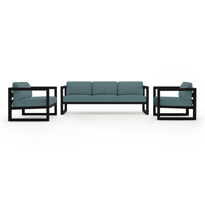 Avion 3 Piece Sofa Loveseat Set, Cast Lagoon Sunbrella® Plainweave, Black