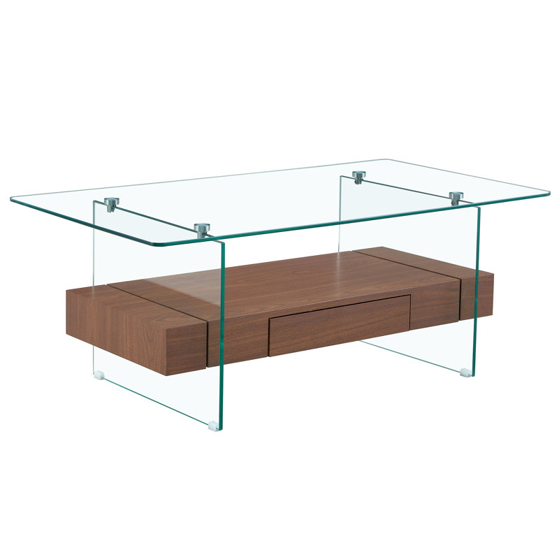 " two-tier glass coffee table with storage drawer, dark wood grain pattern & multi-function design