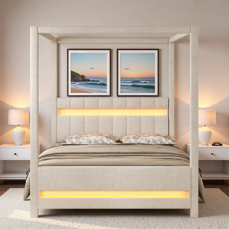 Canopy Platform Bed With Upholstered Headboard And Led Lights