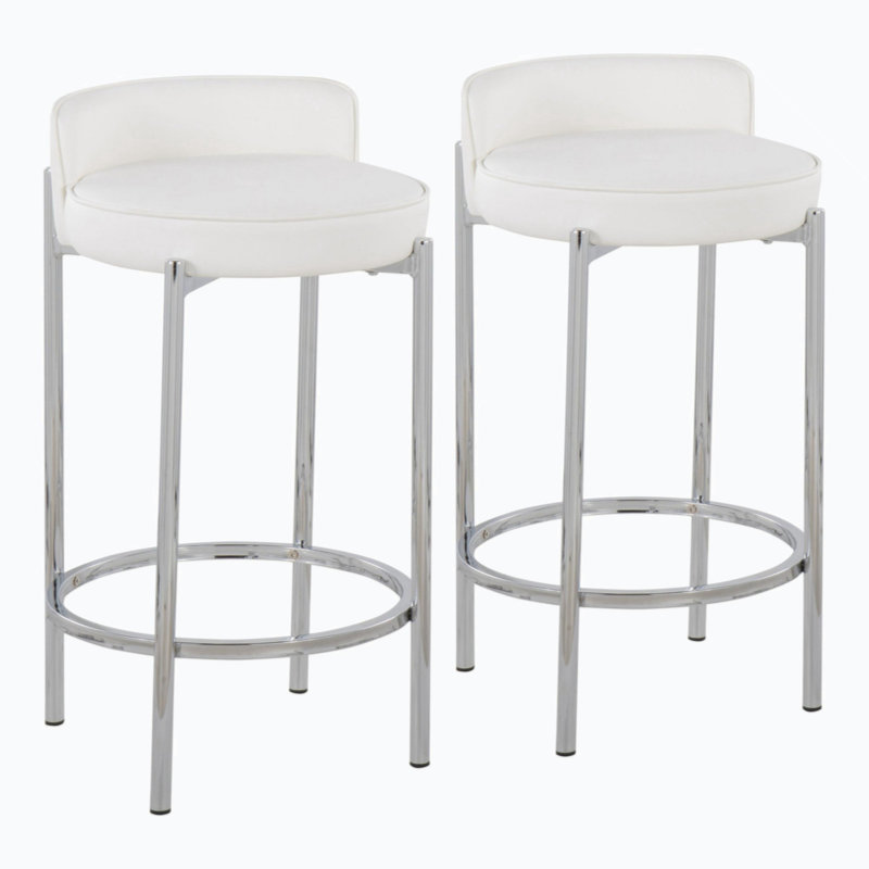 Tabouret de comptoir contemporain en métal et similicuir par Lumisource - ensemble de 2, Blanc, Argent