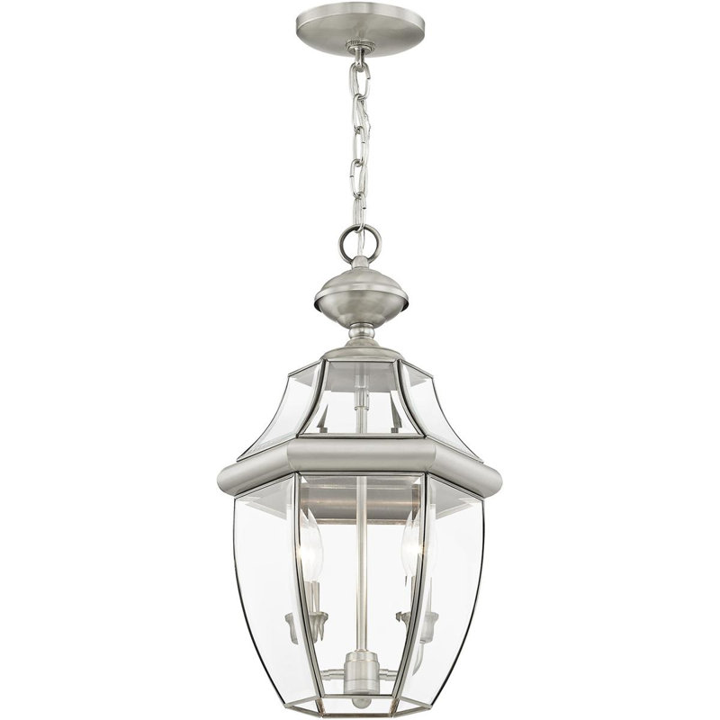 2 Light Outdoor Chain Lantern Pendant with Clear Glass Shade, Brushed Nickel
