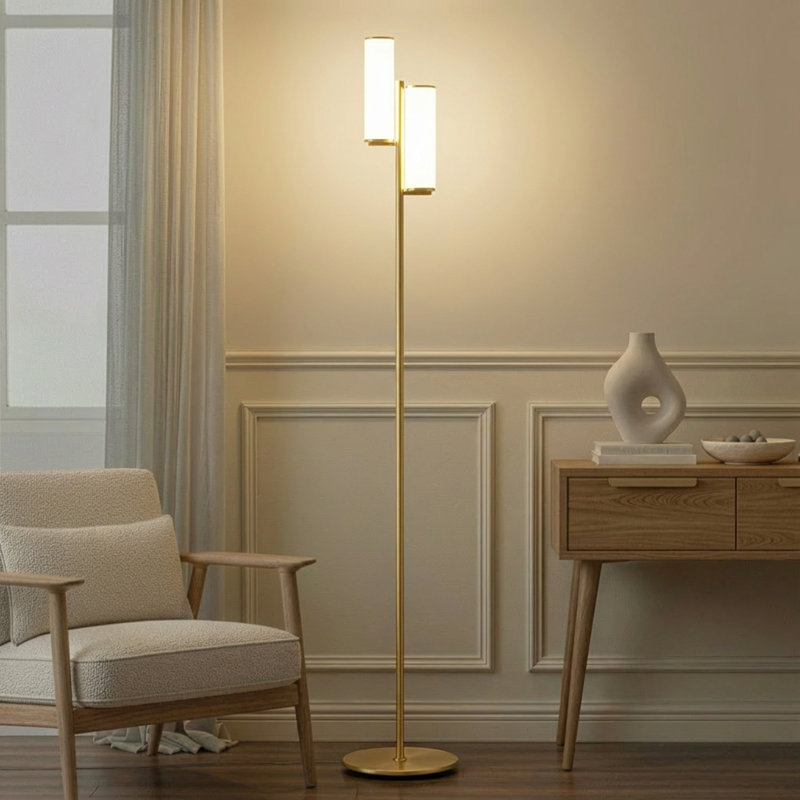Gemini 64 in. Industrial 3-Way Dimming Gold LED Floor Lamp with Glass Cylinder Shades