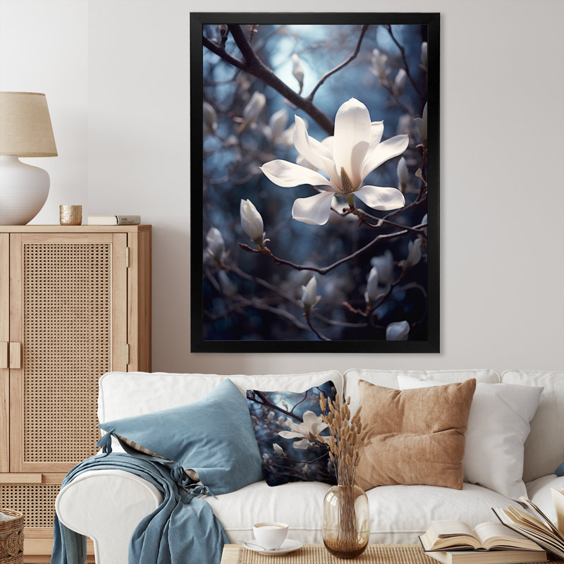 Blanc, bleu, magnolia, paysage, élégance, H 32 po x l 16 po x P 1 po, Cadre simple noir