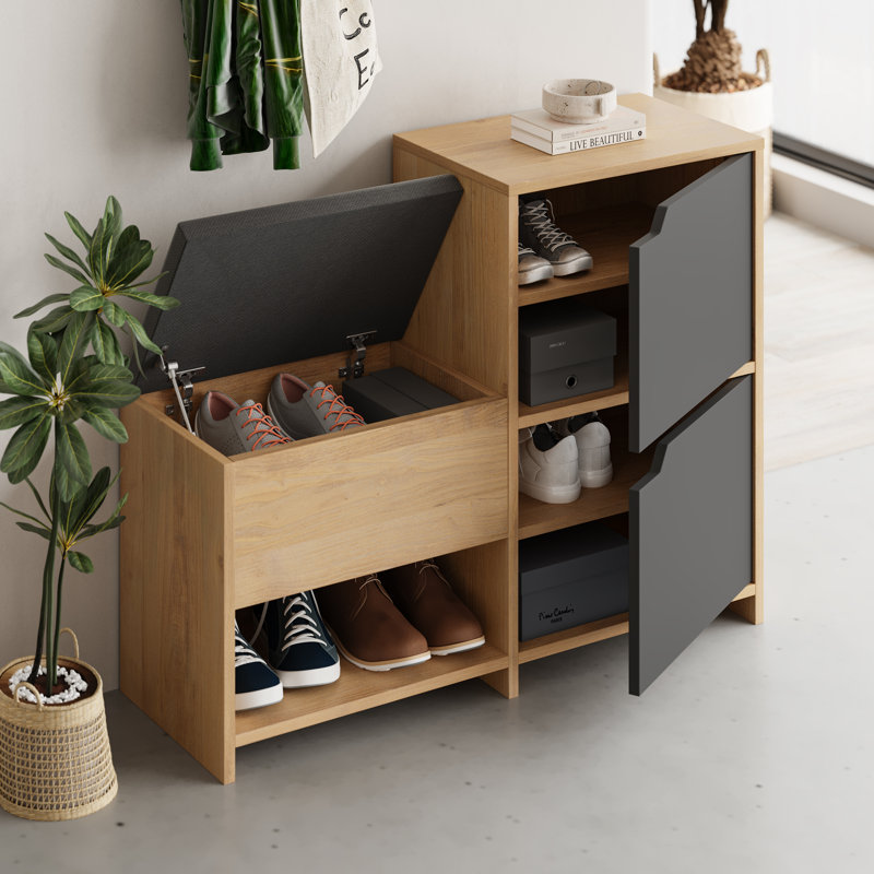 Haven Shoe Bench Stylish Stair-Shaped Shoe Cabinet with Fabric Seat, Sapphire Oak/Anthracite