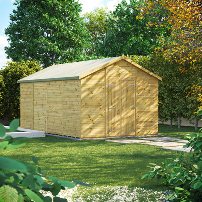 Powersheds 16 x 10ft Premium Pressure Treated Timber Windowless Apex Garden Shed, Double Doors