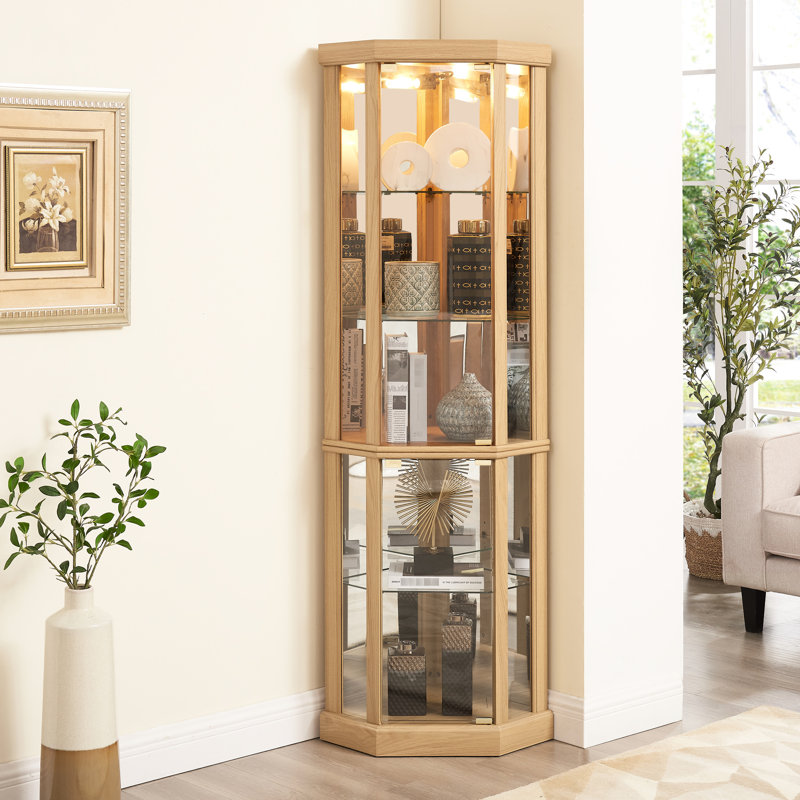 Corner Glass Display Cabinet - Lighted, Oak, Adjustable Shelves, Stylish Wine With Lighted Interior 150Lb Capacity,, Natural