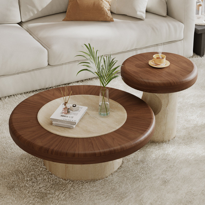 Ensemble de tables basses rondes 2 pièces, tables en bois de style Mid-Century avec finition en travertin, plateau en forme de champignon, base à disque