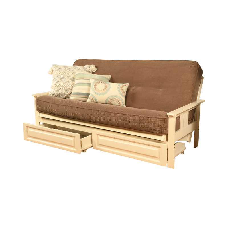 Stratford Full-Size Futon Frame Includes Storage Drawers and Mattress, Antique White, Marmont Mocha, Premium Pocket Coil