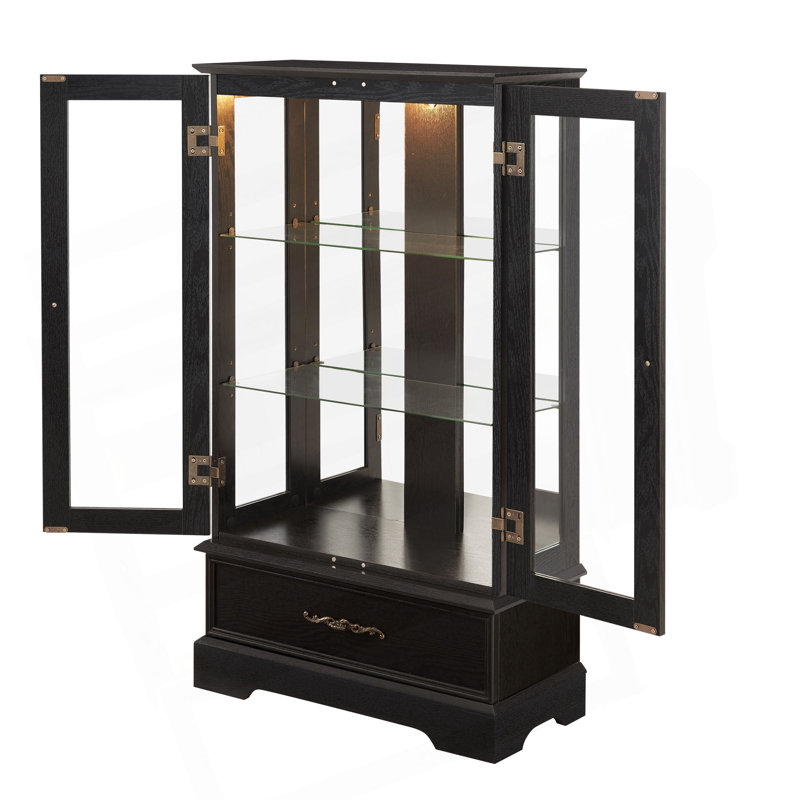 Lighted Glass Curio Cabinet With Adjustable Shelves - Elegant 2-Door Display Cabinet & Built-In Drawer, Includes Bulb