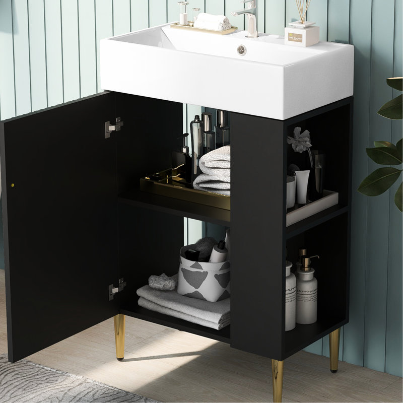 Lavabo de salle de bain moderne 21,6 "avec armoire de rangement en céramique et tiroir droit noir, Noir