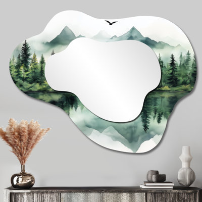 Rustic Asymmetrical Accent Mirror – Green White Winter Forest Lake Landscape I, Metal Print