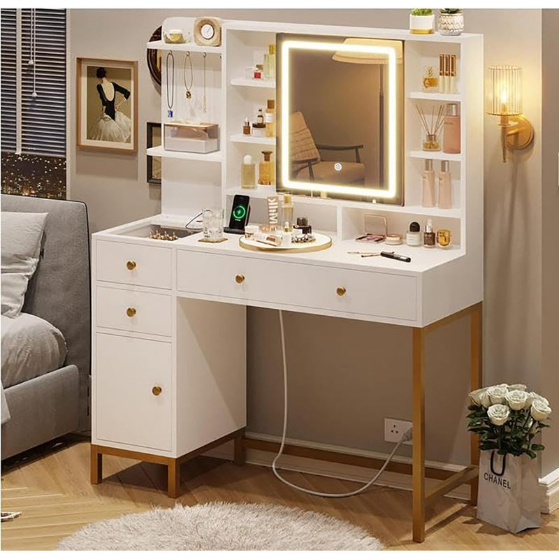 Vanity Desk With Openable Mirror, Dressing Table With Charging Power Outlet, 3 Adjustable Lighting Modes, 8 Shelves & 4 Drawers