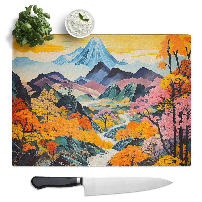Japanese Mountains Expressionism  Glass Chopping Board