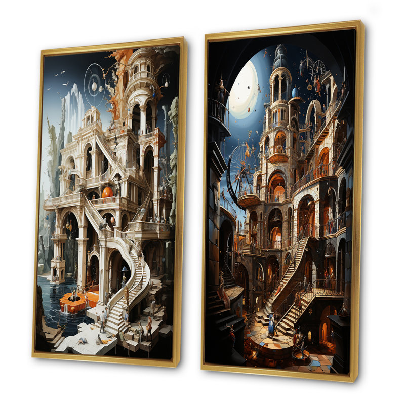 Schéma d'un château, ensemble d'art mural sur toile 2 châteaux, Cadre flottant doré, H 28 po x l 25 po
