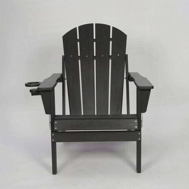 Folding HDPE Adirondack Chair with Cup Holder – Wood-Textured, All-Weather & Easy Storage for Patio, Black