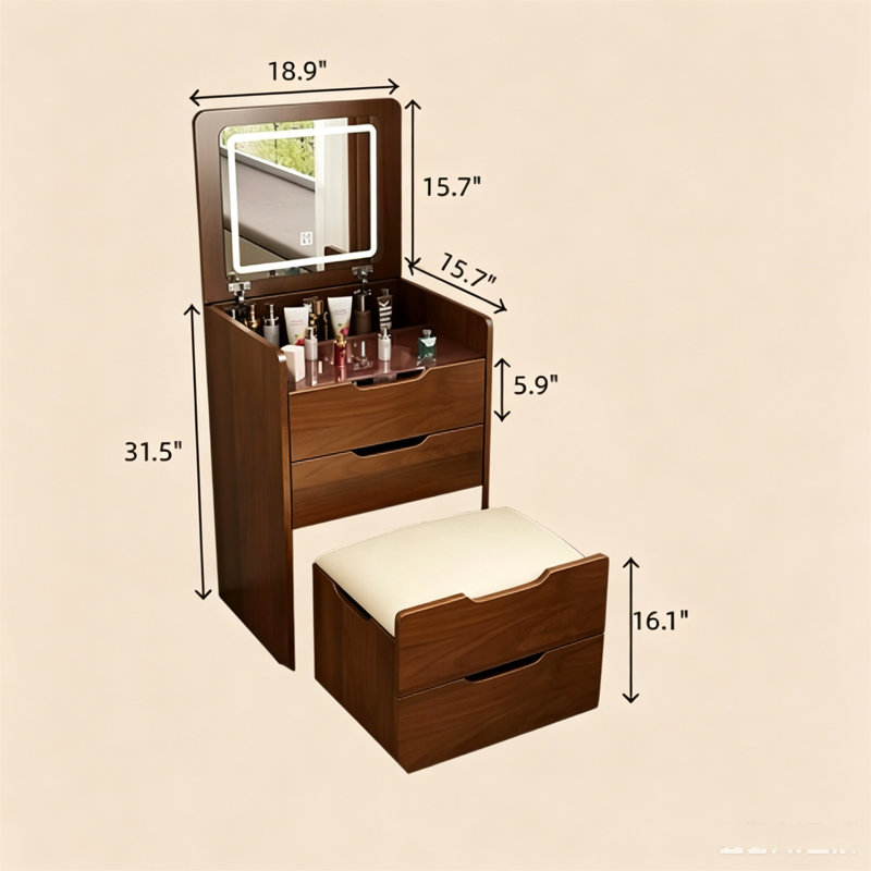 Meuble-lavabo 3 en 1 avec miroir et plateau en verre Uwant, Noyer