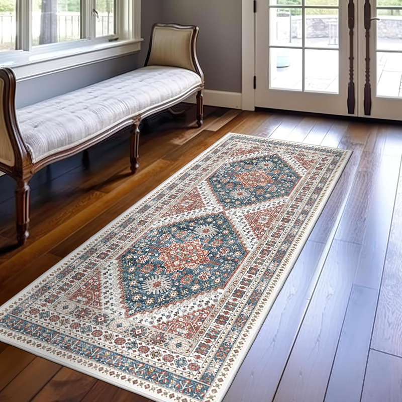 Medallion Non Slip Washable Rug(Red), Runner 3' x 8'