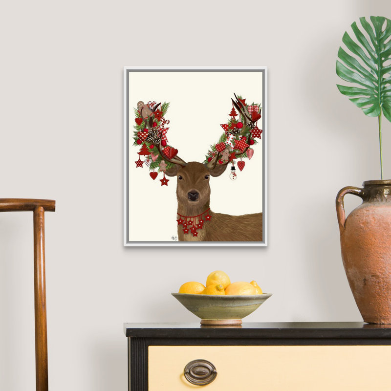 Reproduction d’art sur toile, "Deer, Homespun couronne", H 22 po x l 18 po x P 1,75 po, Cadre blanc