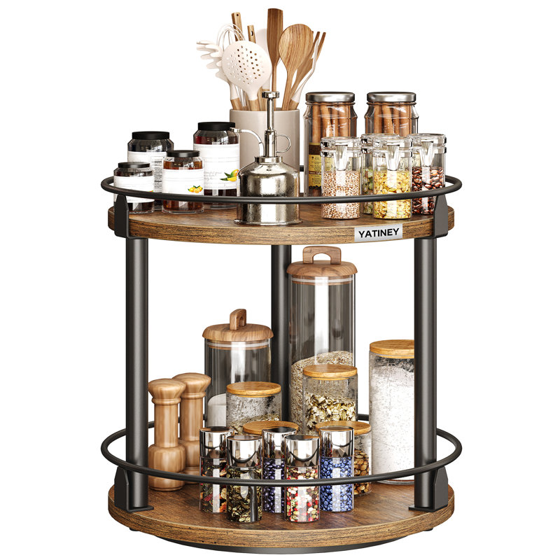 Lazy Susan Organizer, Rotating Spice Rack, 2 Tier Spice Turntable Organizer for Kitchen Countertop and Cabinet, Brown/Black