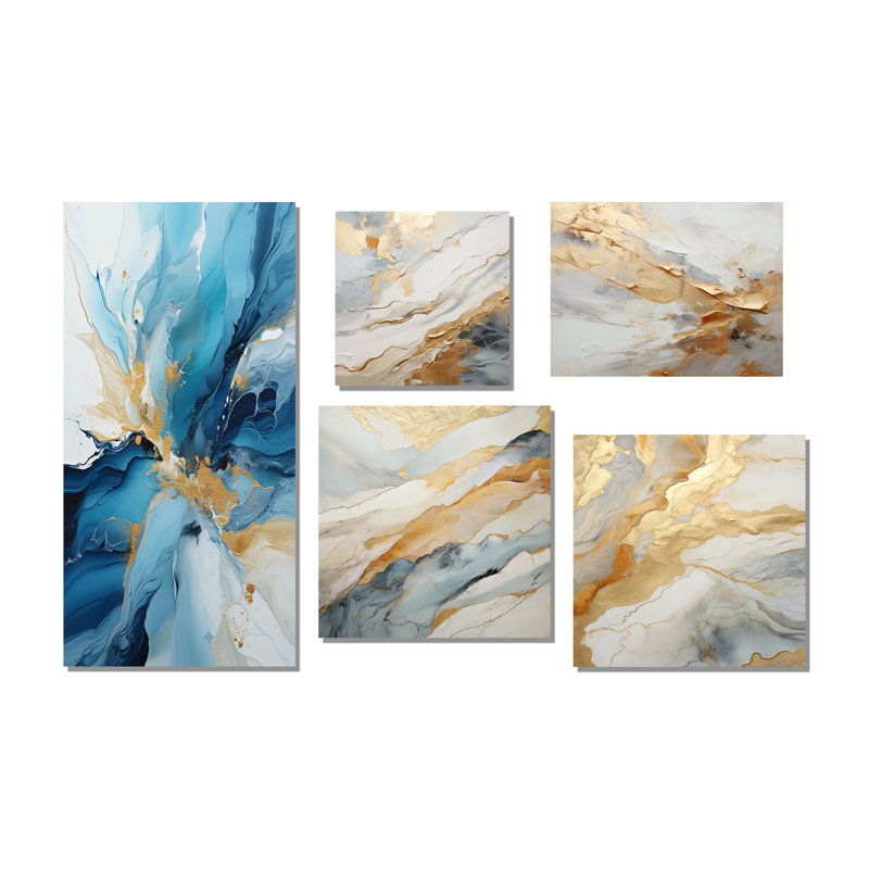 «Blue and White Glacier Charm II - Abstract Collages», ensemble d'art mural sur toile, Toile tendue