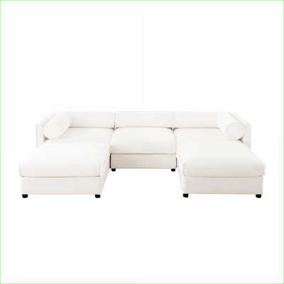 Canapés modulaires | Ensemble de salon contemporain en forme de U 3 places avec repose-pieds avec rangement | Blanc / chenille